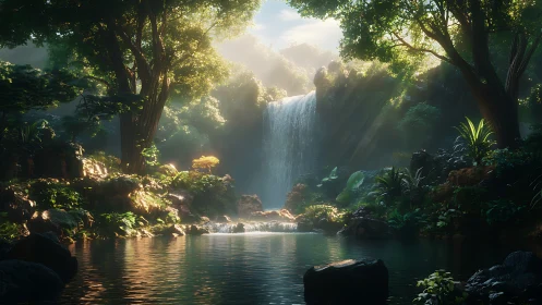 3D rainforest waterfall vignette with luminous backlighting.