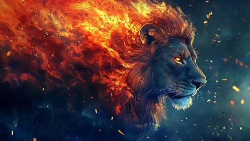 Lion profile with flaming mane against dark abstract field.