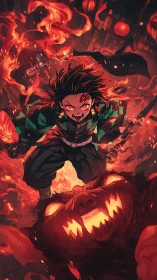 Fiery demon slayer charge through a burning nightscape.