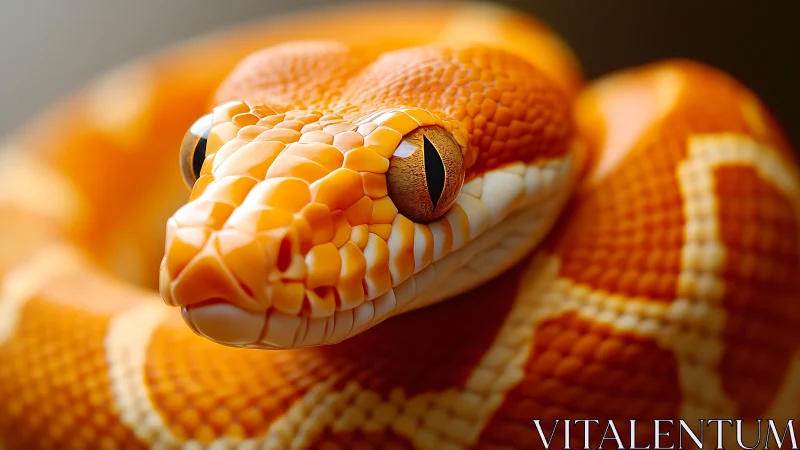 Vibrant orange snake coils in soft light with intense gaze