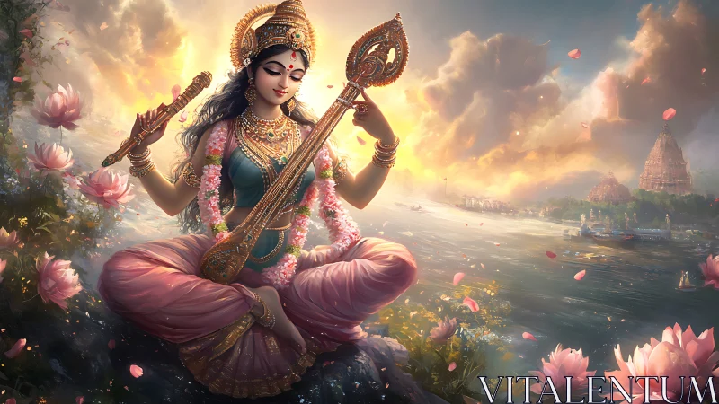 Lotus-borne goddess plucks sunlight into riverwide music