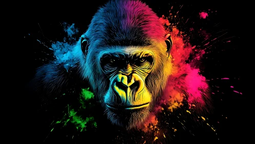 Vibrant neon gorilla emerges from explosive color splashes