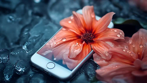Coral Gerbera Daisy with Water Droplets on White Smartphone.
