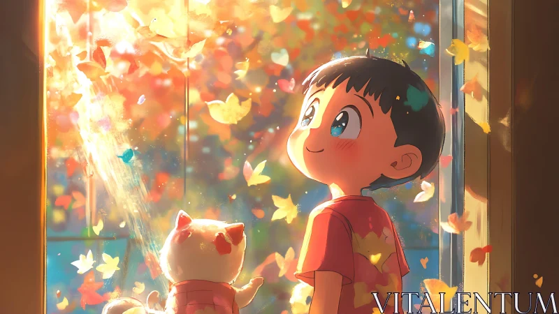 Boy and cat watch glowing autumn leaves in doorway light