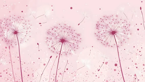 Dandelion Dispersal: Botanical Digital Illustration in Soft Pink Tonality.