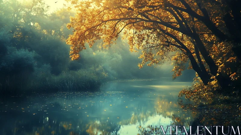 Golden forest river glows softly in enchanted morning light