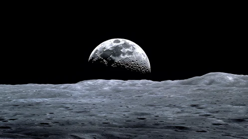 Lunar horizon frames dramatic Earthrise in silent space.