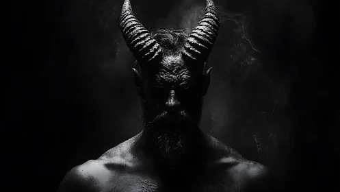 Horned demonic figure in low key chiaroscuro portrait lighting.