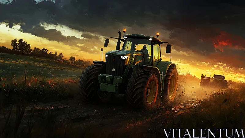 Large green tractor drives along muddy field at sunset