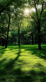 Sunlit Forest Canopy with Emerald Meadow.