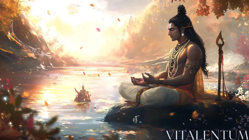 Tranquil river meditation welcomes soft golden evening light