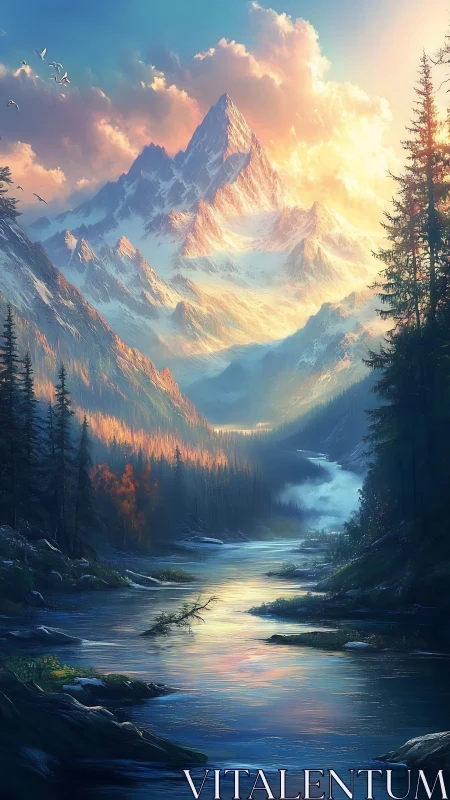 Sunlit alpine summit above glacial river valley at dawn.