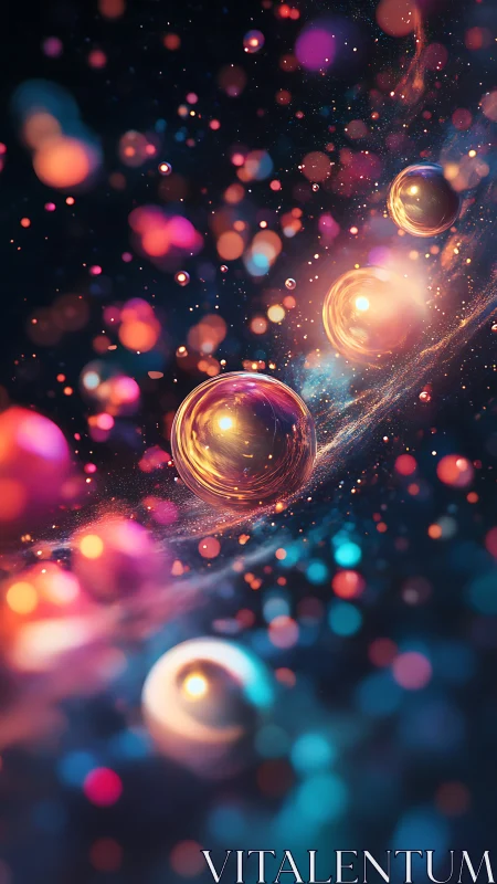 Golden orbs drift gently through a colorful cosmic stream