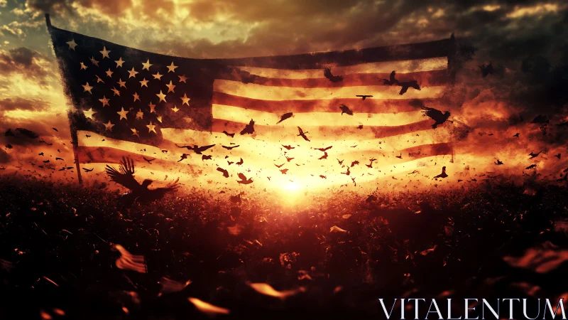 American Flag Dissolving into Fiery Apocalyptic Sky.