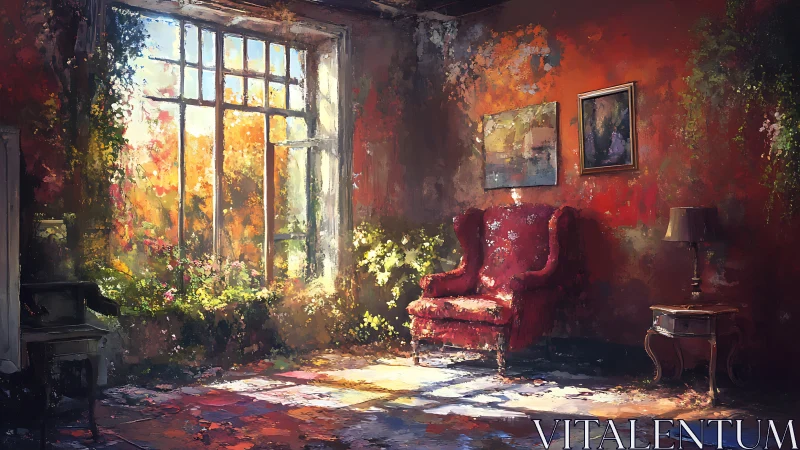 Interior scene shows red armchair in sunlit, overgrown room