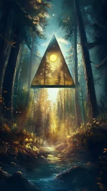 Glowing triangle portal hovers above sunlit forest stream