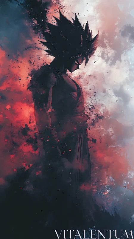 Silhouetted spiky-haired warrior amid red and blue vapor clouds.