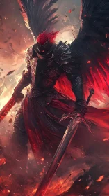 Fallen angel knight wreathed in fire and shadow stands poised.