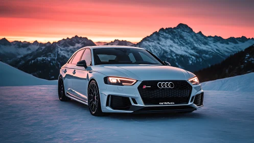 White Audi sports sedan on snowy mountain pass at dusk.