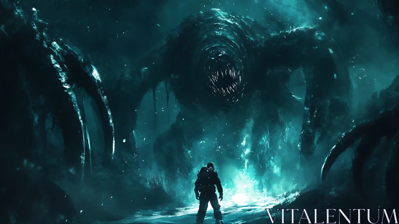 Explorer standing bold before a glowing cosmic leviathan.