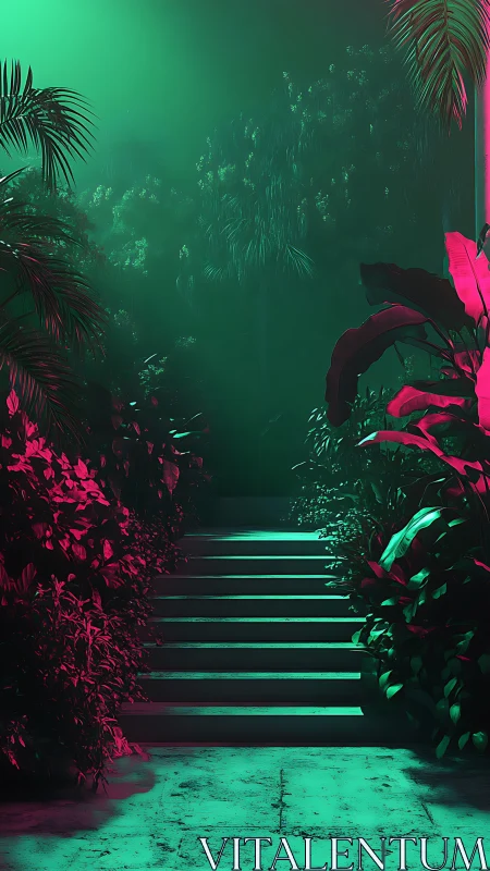 Neon jungle stairway rises into a glowing, mysterious night