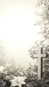 Sunlit memorial cross rises among soft sepia blossoms.