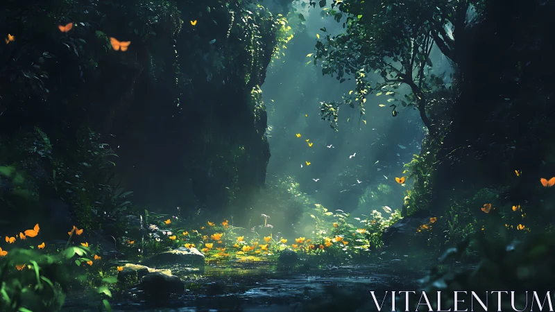 Sunlit forest pool where butterflies quietly gather.