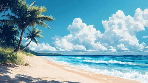 Tropical Shoreline with Palm and Cumulus Sky.