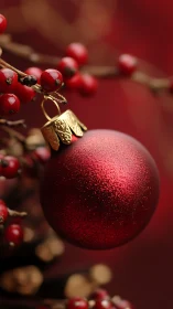 Glistening red Christmas bauble glows among winter berries