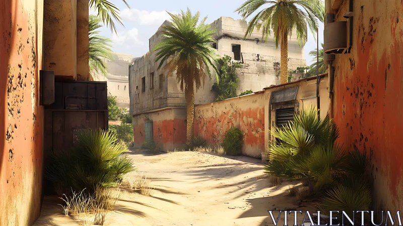 Sunlit desert alley with palm-framed weathered walls.
