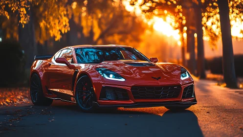 Crimson sports car under golden sunset along tree-lined road.