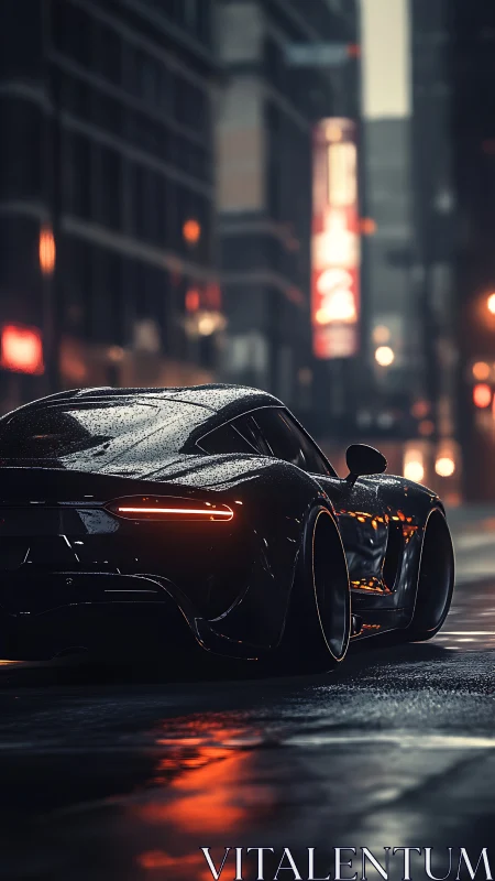 Midnight supercar gliding through rain-lit city streets.