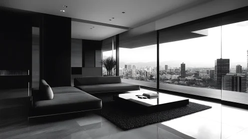 Sleek city penthouse lounge opens to a calm urban skyline