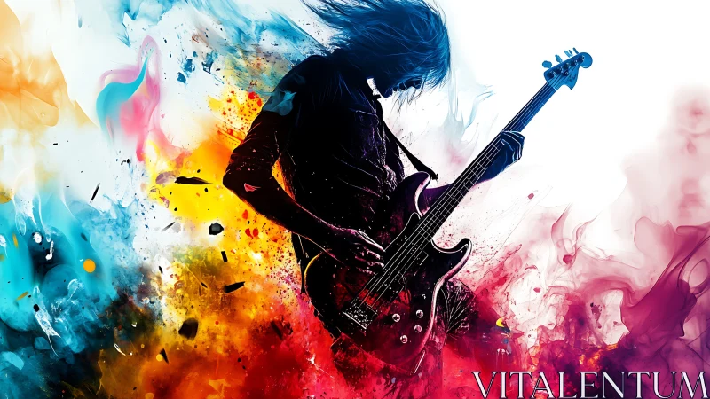 Rock bassist silhouette ignites explosive neon color storm