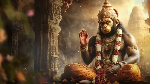 Digital painting depicts regal simian deity in ornate temple setting