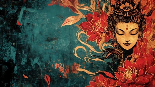 Ornate goddess portrait merges with abstract florals in teal