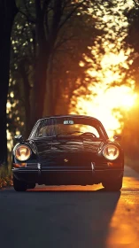 Sunlit classic coupe glides out of the glowing forest road