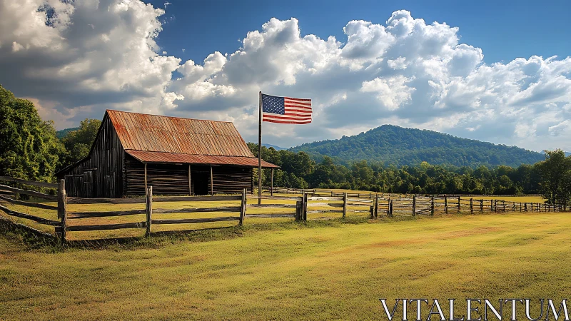 Rustic barn and US flag under expansive summer sky.