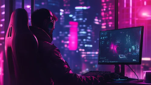 Solitary gamer codes in neon city high rise at night