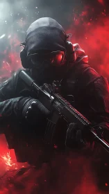 Tactical operator aims rifle through burning red smoke.