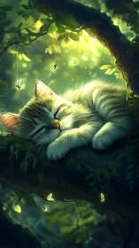 Sleeping white cat surrounded by luminous magical forest