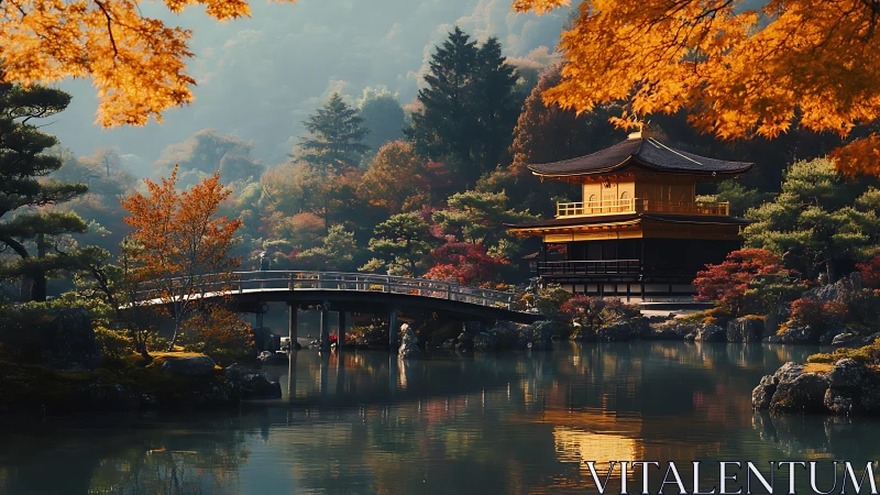 Golden lakeside pavilion wrapped in gentle autumn glow.