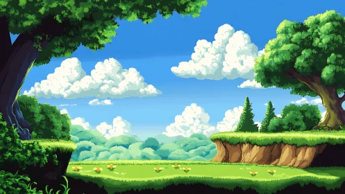 Side-scrolling pixel forest plateau with layered parallax clouds