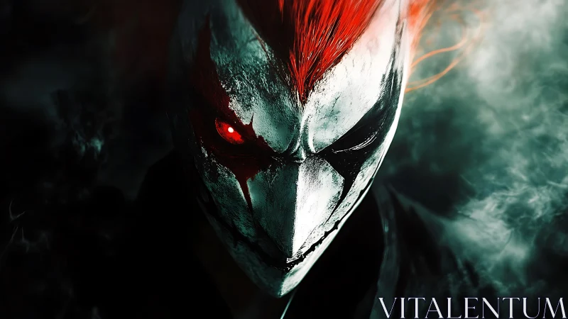 Demonic mask ignites crimson wrath in swirling shadow fog.