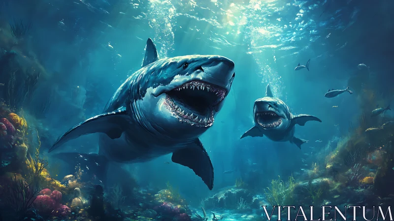 Two great white sharks swim through a sunlit ocean reef