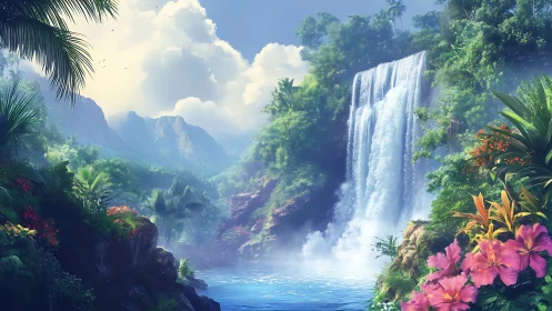 Sunlit jungle waterfall cascades into a tranquil blue lagoon