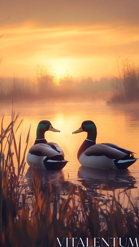 Sunrise quiet with two mallards sharing golden water.