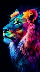 Neon-maned lion gazes skyward and paints the dark with color