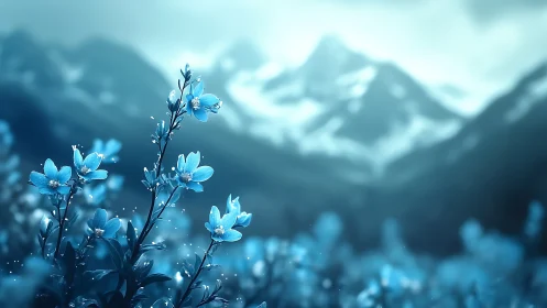 Selective focus on cyan alpine flowers against defocused snowy peaks
