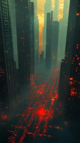 Neon-lit futuristic avenue burns through misty megacity.